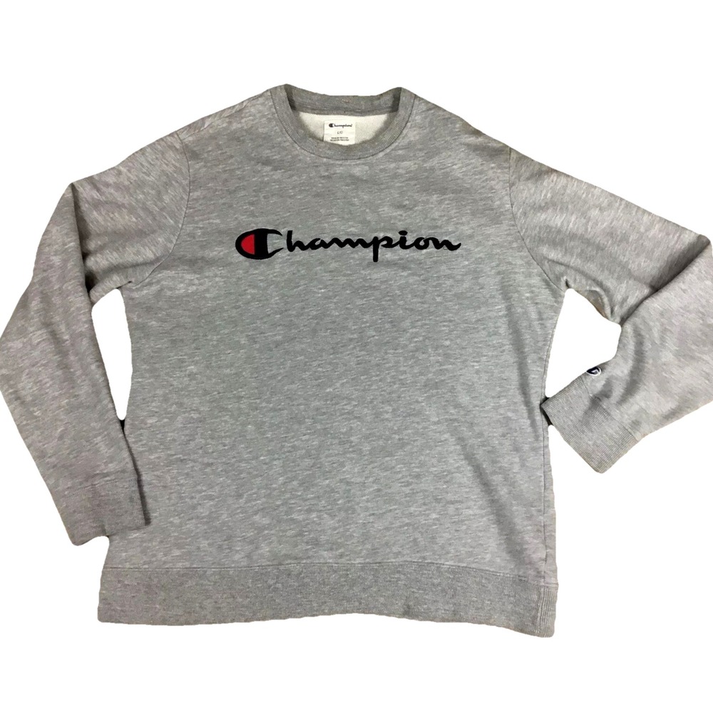 Champion Mens Gray Script Logo Crewneck‎ Sweatshirt Size Large L 1470782 Heather